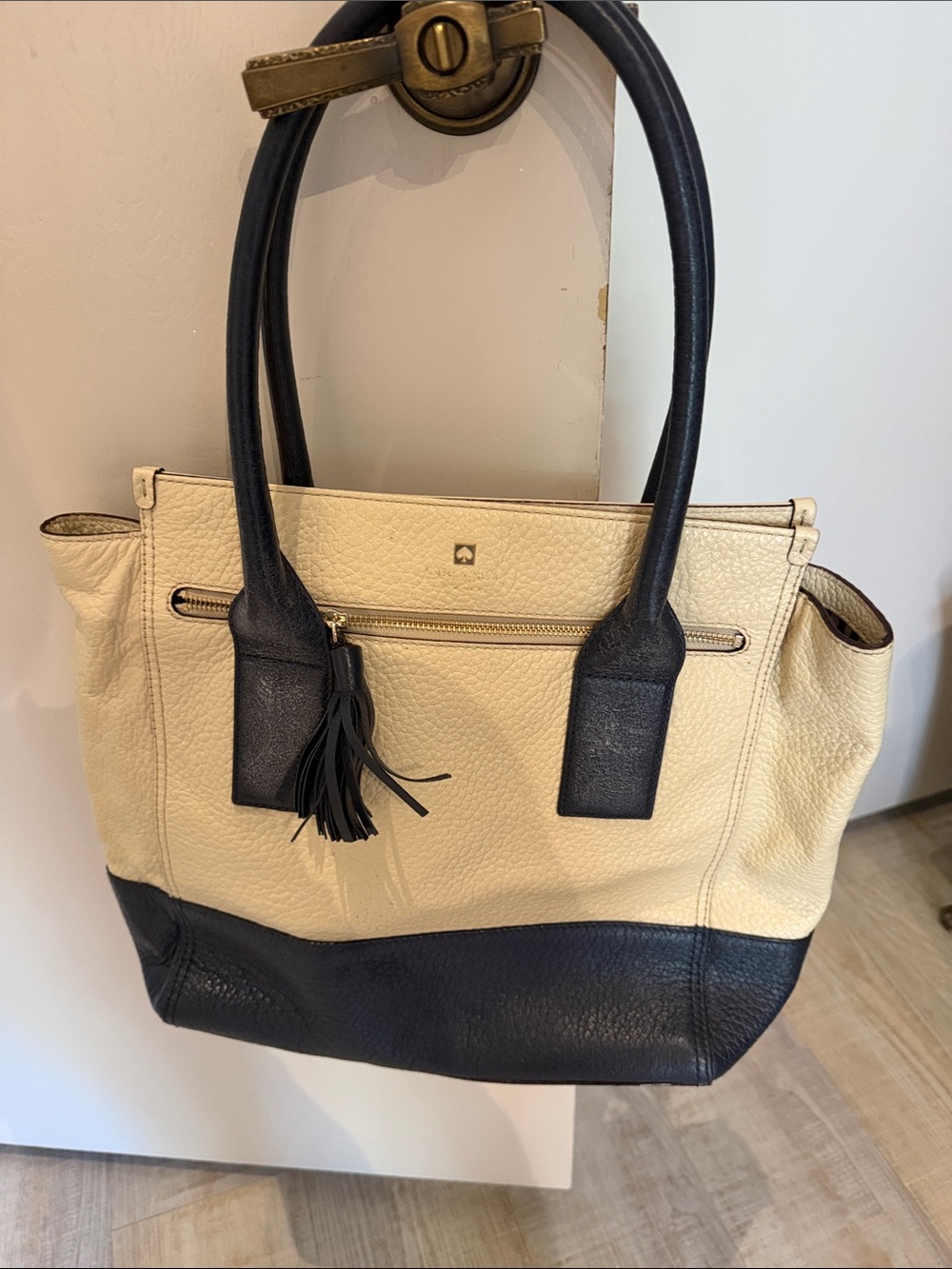 kate spade Cream and Black Two-Tone Leather Tote with Tassel